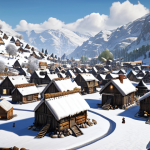 ** A bustling settlement in a snow-covered landscape, showcasing resource collection (wood, food) and building construction. Emphasis on the "free resources" aspect of daily quests.

**