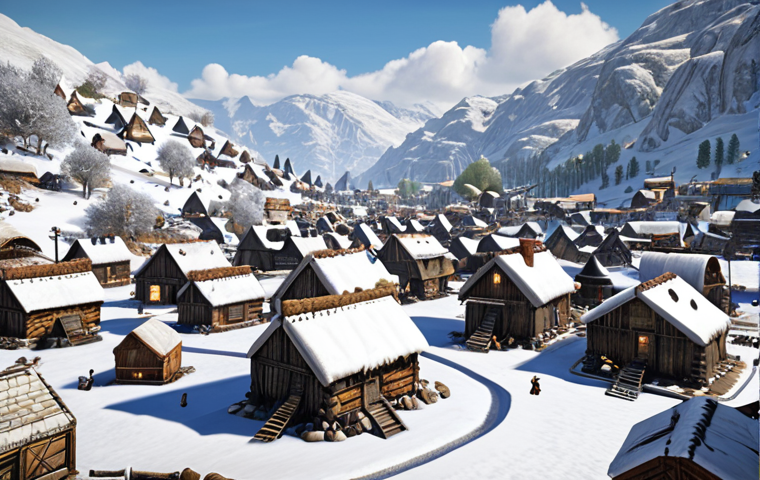 ** A bustling settlement in a snow-covered landscape, showcasing resource collection (wood, food) and building construction. Emphasis on the "free resources" aspect of daily quests.
**