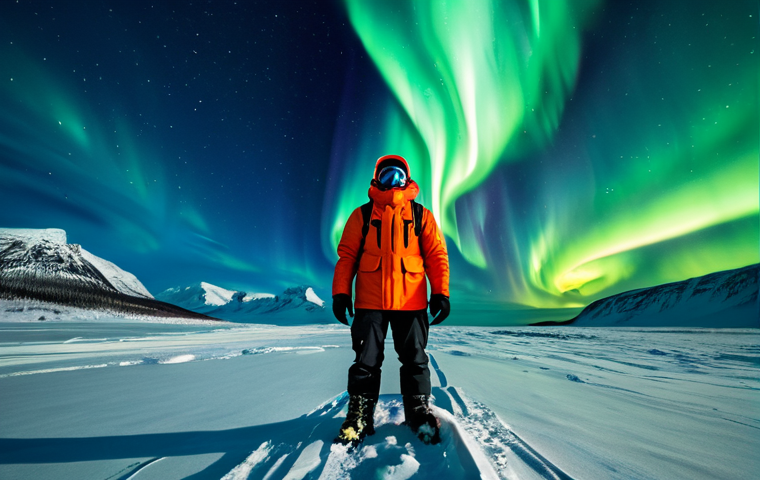 A brave survivalist adventurer, dressed in warm, insulated winter gear, stands in a vast, snow-covered landscape under the vibrant 'Northern Lights' aurora. A mystical, glowing legendary chest is open at their feet, emitting a bright, ethereal light. Dramatic lighting, epic landscape photography, high detail, cinematic, safe for work, appropriate content, fully clothed, professional, perfect anatomy, correct proportions, natural pose, well-formed hands, proper finger count, natural body proportions.